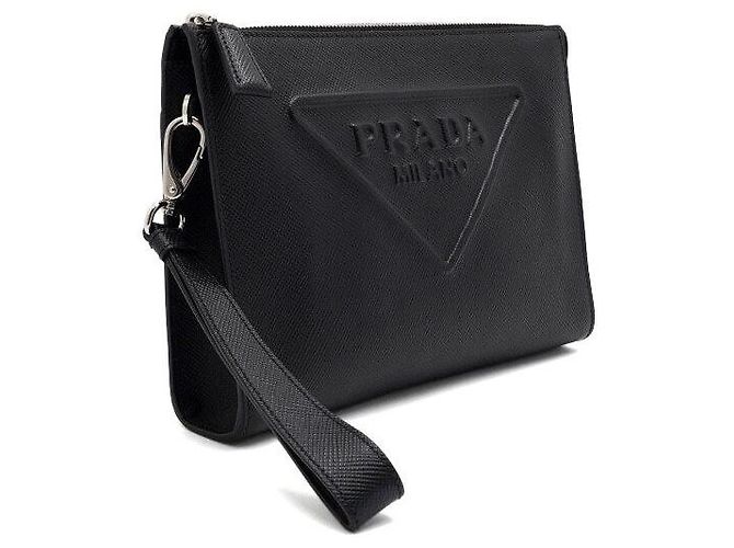 Prada Clutch con tracolla logo triangolare in pelle Saffiano nera Nero - vista 3