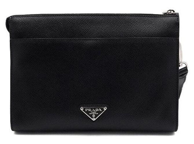 Prada Clutch con tracolla logo triangolare in pelle Saffiano nera Nero - vista 4