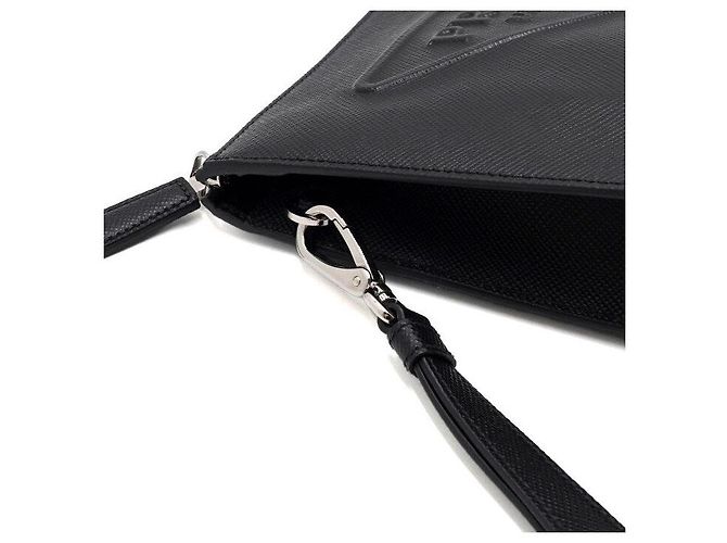 Prada Clutch con tracolla logo triangolare in pelle Saffiano nera Nero - vista 7