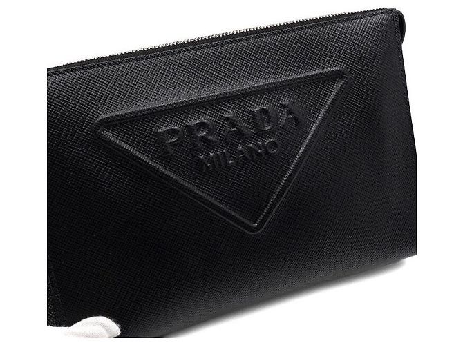 Prada Clutch con tracolla logo triangolare in pelle Saffiano nera Nero - vista 9