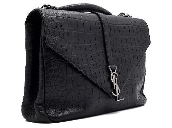 Saint Laurent Grande bolsa tote College com relevo de crocodilo, bolsa de ombro com corrente prateada e transversal Preto - vista 3
