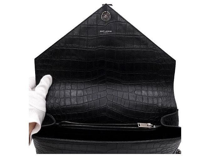 Saint Laurent Grande bolsa tote College com relevo de crocodilo, bolsa de ombro com corrente prateada e transversal Preto - vista 6