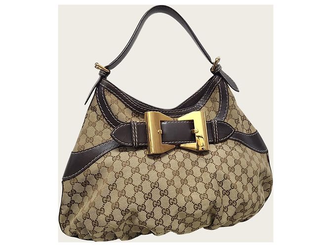Gucci Borsa Hobo Queen in Jacquard Gold Ribbon Marrone - vista 3