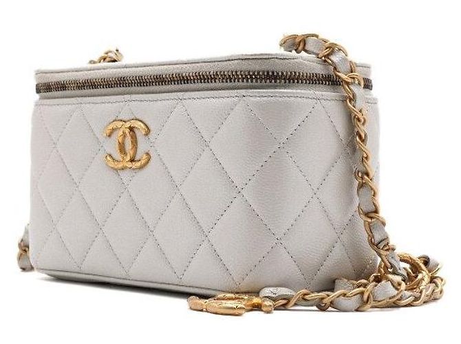Vanity Chanel Beauty case Caviar Grigio Perla con catena dorata Marrone - vista 2