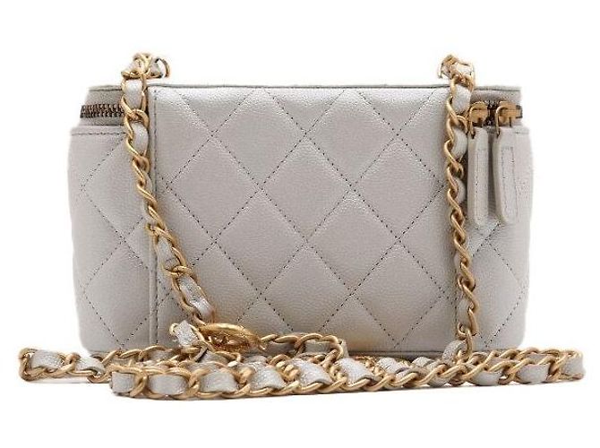 Vanity Chanel Beauty case Caviar Grigio Perla con catena dorata Marrone - vista 4