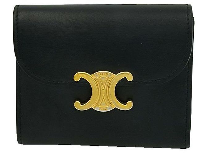 Céline Portafoglio piccolo con patta Triomphe in pelle di vitello lucida nera Nero - vista 2