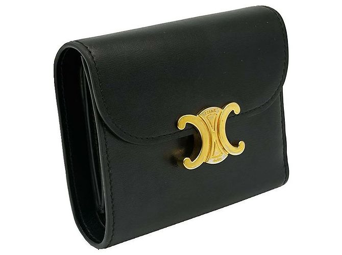 Céline Portafoglio piccolo con patta Triomphe in pelle di vitello lucida nera Nero - vista 4