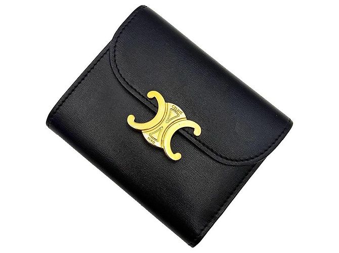 Céline Portafoglio piccolo con patta Triomphe in pelle di vitello lucida nera Nero - vista 6
