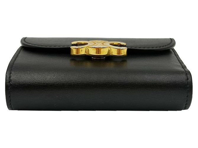 Céline Portafoglio piccolo con patta Triomphe in pelle di vitello lucida nera Nero - vista 7