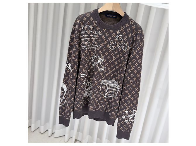 Louis Vuitton Monogram Embroidered Wool Crewneck Knit Sweater Brown - view 2