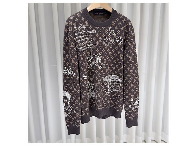 Louis Vuitton Monogram Embroidered Wool Crewneck Knit Sweater Brown - view 3