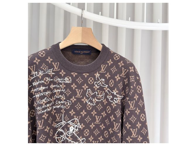 Louis Vuitton Monogram Embroidered Wool Crewneck Knit Sweater Brown - view 4