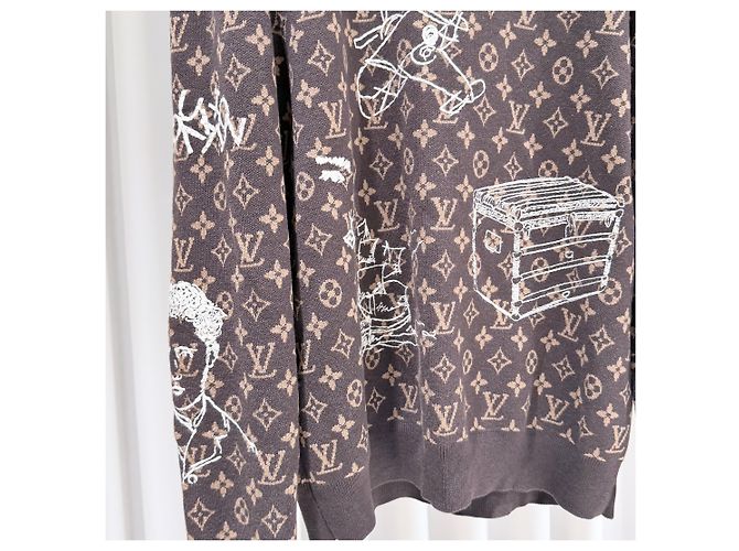 Louis Vuitton Monogram Embroidered Wool Crewneck Knit Sweater Brown - view 5