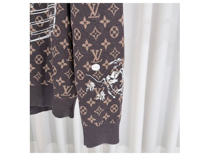 Louis Vuitton Monogram Embroidered Wool Crewneck Knit Sweater Brown - view 6