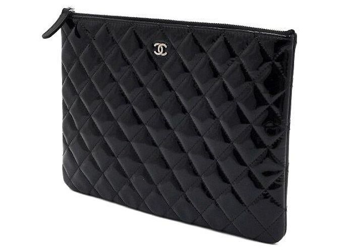 Chanel Clutch Black Patent Leather Silver CC Classic New Medium - vista 3
