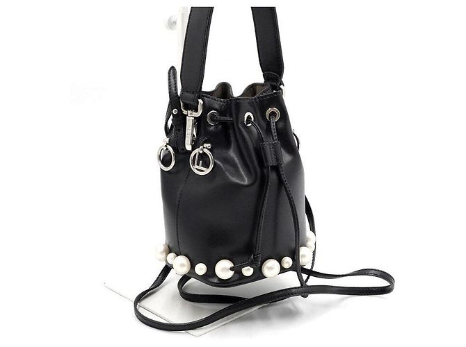 Fendi Mini borsa a secchiello e borsa a tracolla Montreggio in pelle nera decorata con perle - vista 3