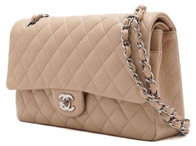 Chanel Borsa a tracolla classica in agnello beige con catena argentata media Marrone - vista 2