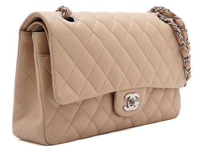 Chanel Borsa a tracolla classica in agnello beige con catena argentata media Marrone - vista 3