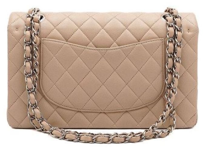Chanel Borsa a tracolla classica in agnello beige con catena argentata media Marrone - vista 4