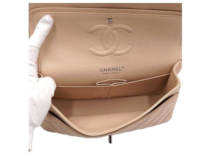 Chanel Borsa a tracolla classica in agnello beige con catena argentata media Marrone - vista 5