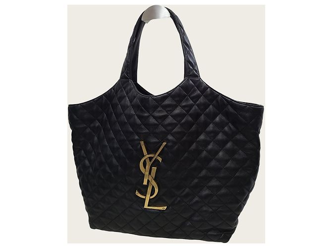 Saint Laurent Maxi Shopper Eye Care in Pelle di Agnello Nera e Oro Nero - vista 2