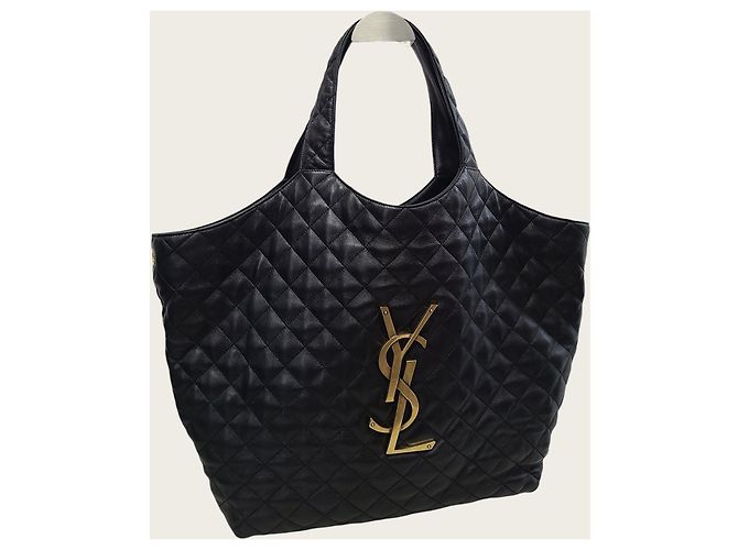 Saint Laurent Maxi Shopper Eye Care in Pelle di Agnello Nera e Oro Nero - vista 3
