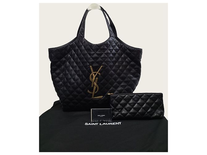 Saint Laurent Maxi Shopper Eye Care in Pelle di Agnello Nera e Oro Nero - vista 7