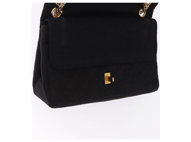 CHANEL Matelasse Double Flap Chain Shoulder Bag Cotton Black Gold Tone CC Auth 194097 Nero - vista 17
