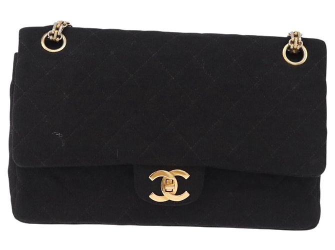 CHANEL Matelasse Double Flap Chain Shoulder Bag Cotton Black Gold Tone CC Auth 194097 Nero - vista 2