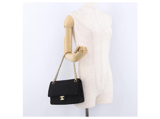 CHANEL Matelasse Double Flap Chain Shoulder Bag Cotton Black Gold Tone CC Auth 194097 Nero - vista 25