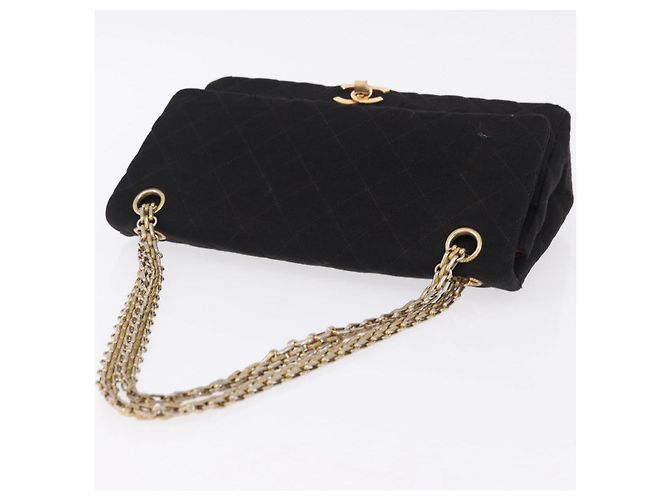 CHANEL Matelasse Double Flap Chain Shoulder Bag Cotton Black Gold Tone CC Auth 194097 Nero - vista 6