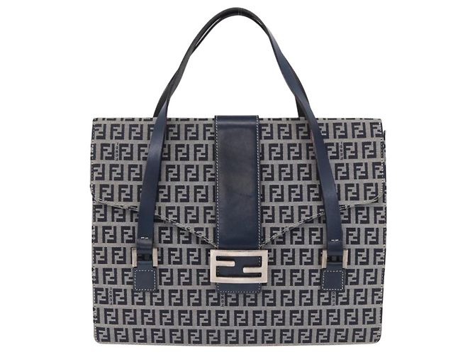 FENDI Zucchino Canvas Mamma Baguette Hand Bag Navy Silver Auth BA14179A Silvery Navy blue - view 2