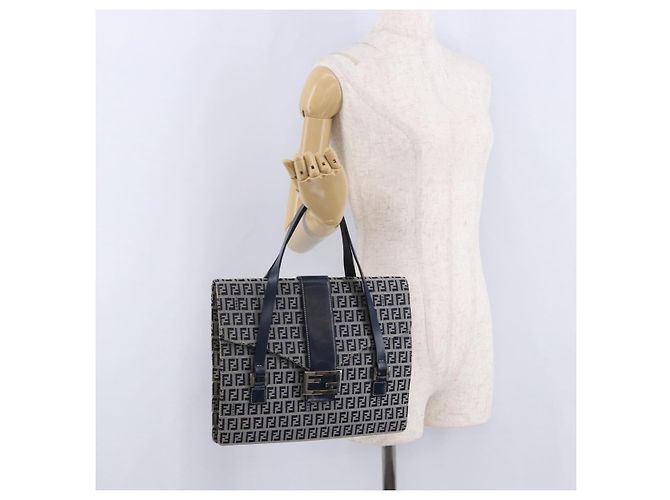 FENDI Zucchino Canvas Mamma Baguette Hand Bag Navy Silver Auth BA14179A Silvery Navy blue - view 26