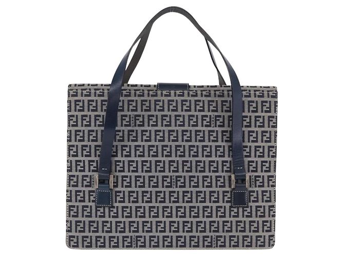 FENDI Zucchino Canvas Mamma Baguette Hand Bag Navy Silver Auth BA14179A Silvery Navy blue - view 4