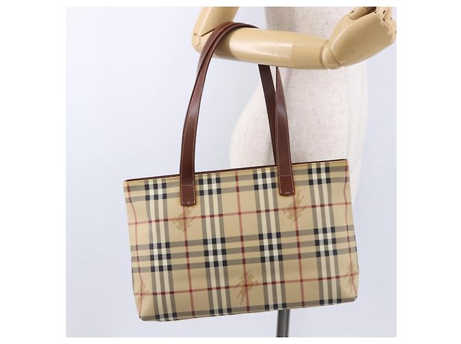 BURBERRY Nova Check blauer Tote Bag PVC Beige Gold Auth 194843V Golden - Ansicht 23