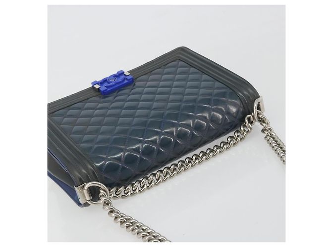 CHANEL Matelasse Boy Chanel Chain Bag Patent Leather Blue Silver CC Auth 193914 Plata Azul - vista 6