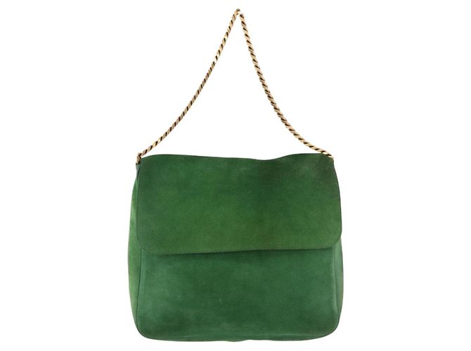 Céline Borsa a Spalla con Catena CELINE in Scamosciato Verde e Oro Autentica 193356A D'oro - vista 2