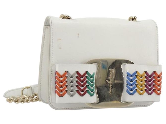 Borsa a Spalla Salvatore Ferragamo Vala Chain in Pelle Bianca e Oro Autentica 192429 - vista 2