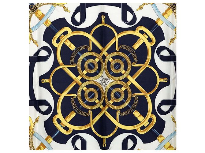 Hermès Hermes Carre 90 Eperon d’or Seidentuch Weiß Marineblau - Ansicht 2
