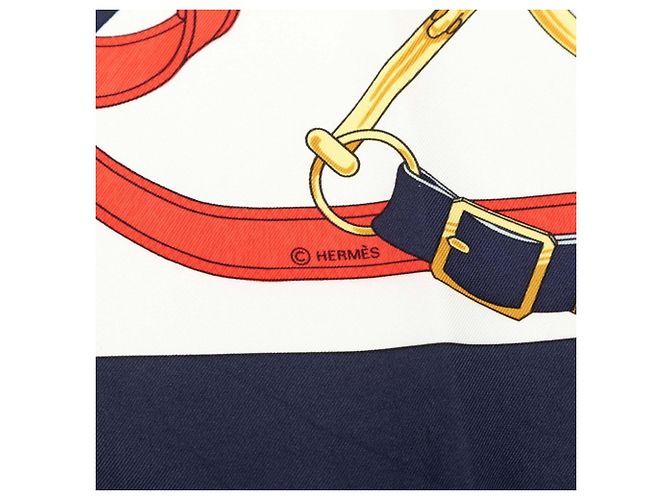 Hermès Hermes Carre 90 Eperon d’or Seidentuch Weiß Marineblau - Ansicht 4