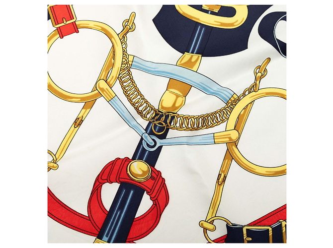 Hermès Hermes Carre 90 Eperon d’or Seidentuch Weiß Marineblau - Ansicht 5