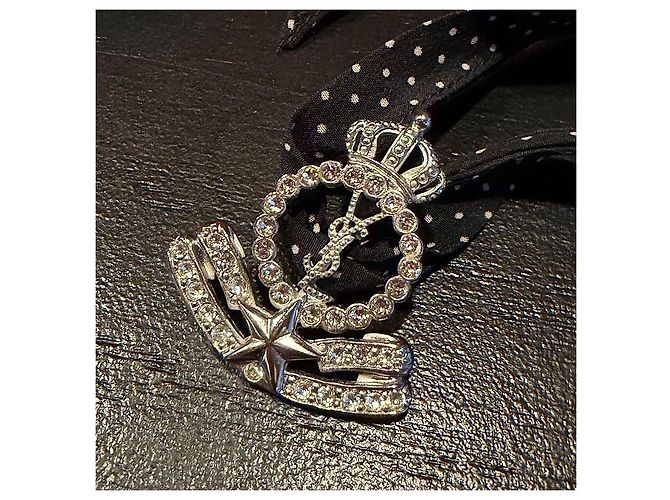 Choker in seta con pendente in cristallo Saint Laurent Nero Bianco - vista 3