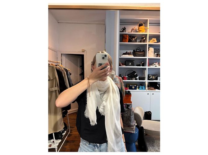 Chanel Scarf White Modal and Cashmere with CC Logo - view 11