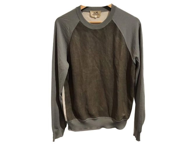 Pull Hermès en laine beige et cuir M - vue 6