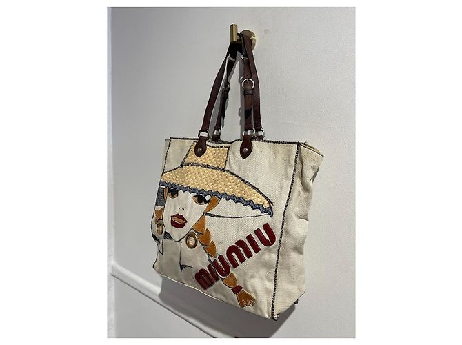 Borsa Miu Miu tela beige - vista 2
