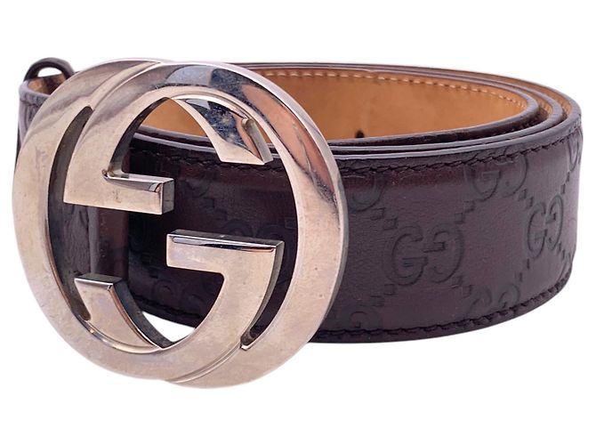 Gucci Brauner ssima Ledergürtel mit silberner Interlocking-Schnalle Größe 95/38 - Ansicht 5