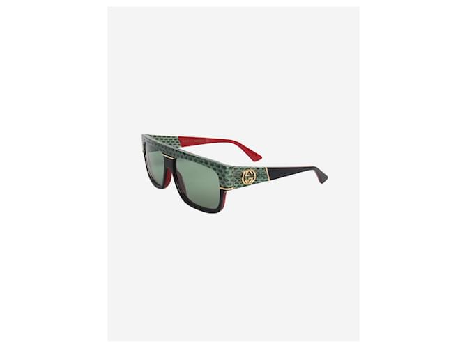 Gucci Grün-schwarze rechteckige Sonnenbrille mit Python-Besatz - Ansicht 2