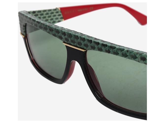 Gucci Grün-schwarze rechteckige Sonnenbrille mit Python-Besatz - Ansicht 5