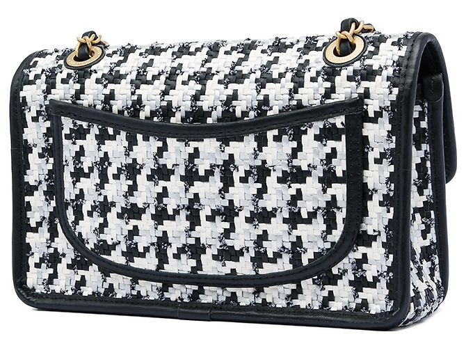 Chanel White CC Woven Lambskin and Viscose Houndstooth Single Flap - vista 2