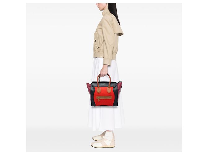 Céline Celine Tote Luggage in tela multicolore e pelle arancione mini - vista 6